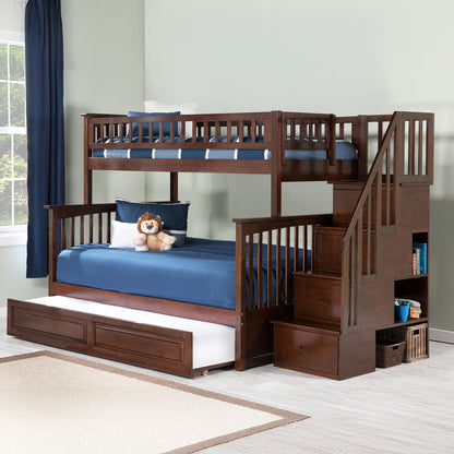AFI, Columbia Staircase Bunk Bed Twin Over Full with Twin Raised Panel Trundle, Walnut
