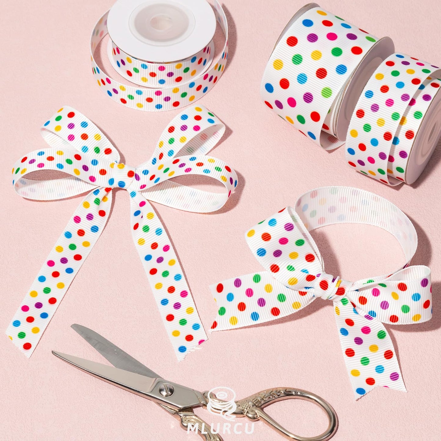 Polka Dot Ribbon Set 3 Rolls 5/8", 7/8", 1.5" Rainbow Colored Dot Grosgrain Ribbons for Gift Wrapping, Birthday Party, Baby Shower, Wreaths, Hair Bows, Banners, Candy Bags, DIY Crafts