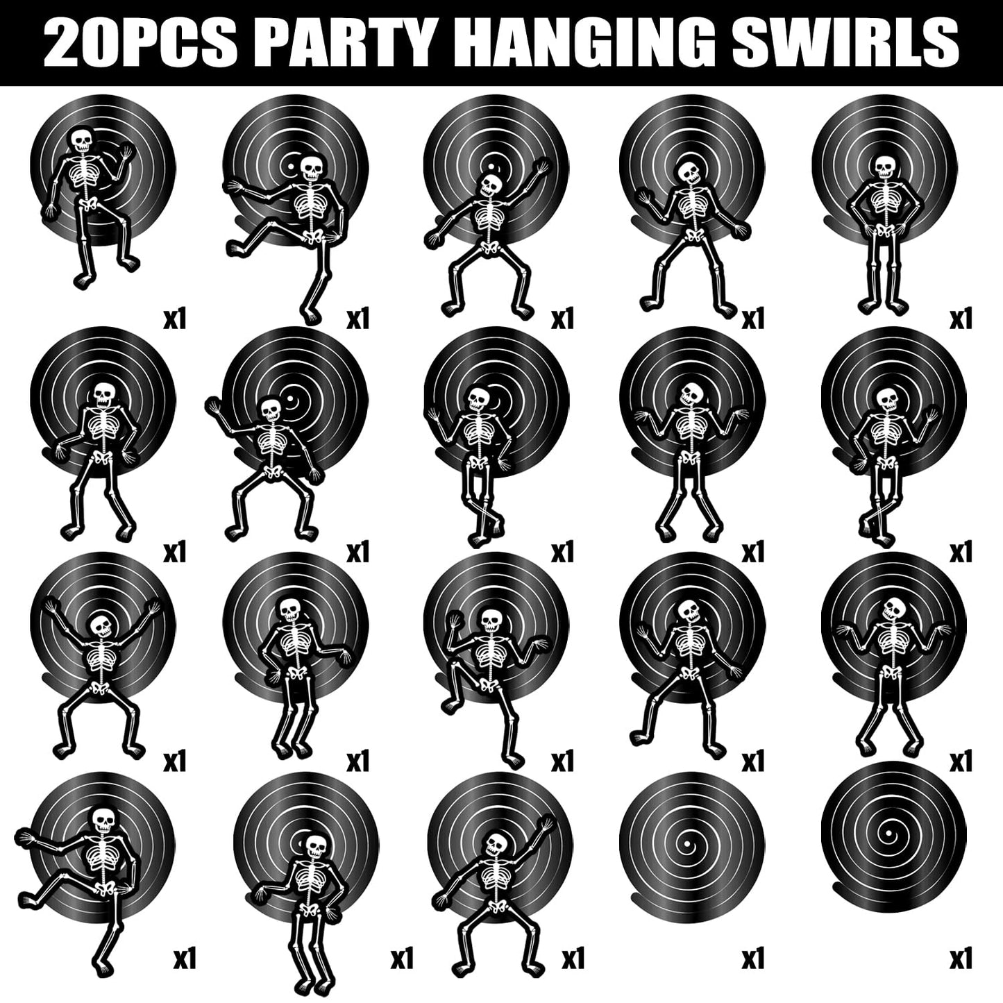 Halloween Skeleton Hanging Swirls Black Horror Theme Party Ceiling Decorations Skull Bone Hanging Cutout Streamers 20 Pack Halloween Birthday Party Supplies for Home Haunted House Decor