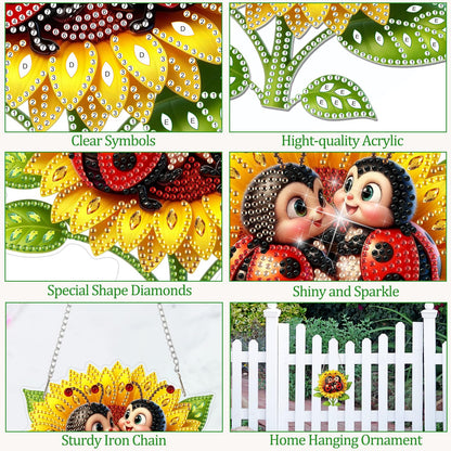 CEOVR Ladybug Hanging Diamond Art for Adults, Ladybug Sunflower Diamond Painting Pendant DIY Gem Art Wall Hanging Ornament, Acrylic Home Garden Decor with Chain, Box Kit 7.75×7.2inch