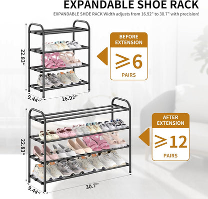 Hleelomi 4-Tier Closet,Living Expandable Shoe Rack for EntrywayAdjustable Metal Shoe Organizer for Room,Dorm,Black