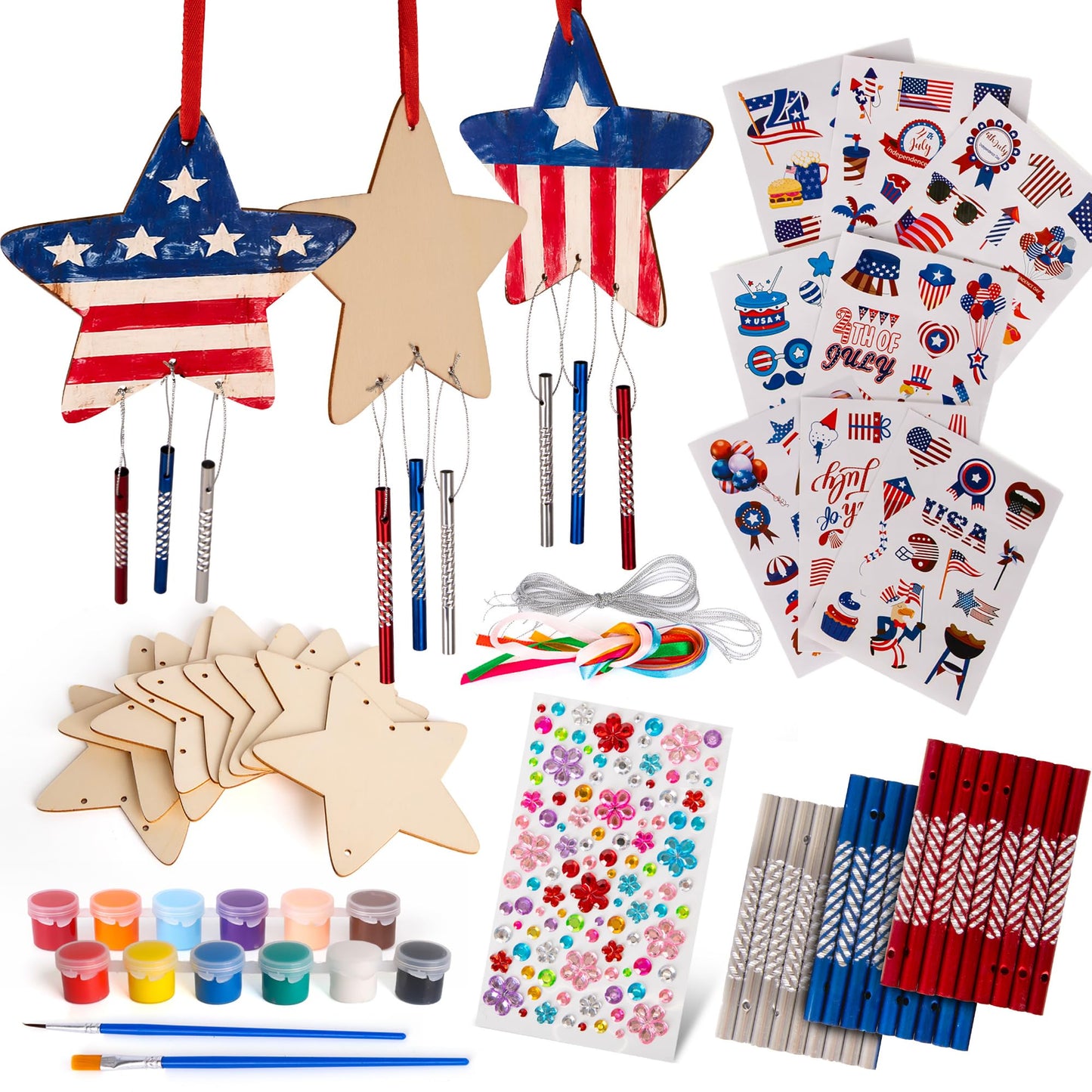 ArtCreativity Patriotic DIY Wind Chime Kit for Kids - 9 Pack - Wooden Wind Chime Set with Paint Kit, Rhinestone Flower Stickers, 105 Stickers, and More - July 4th Arts and Crafts for Kids 3 and Up