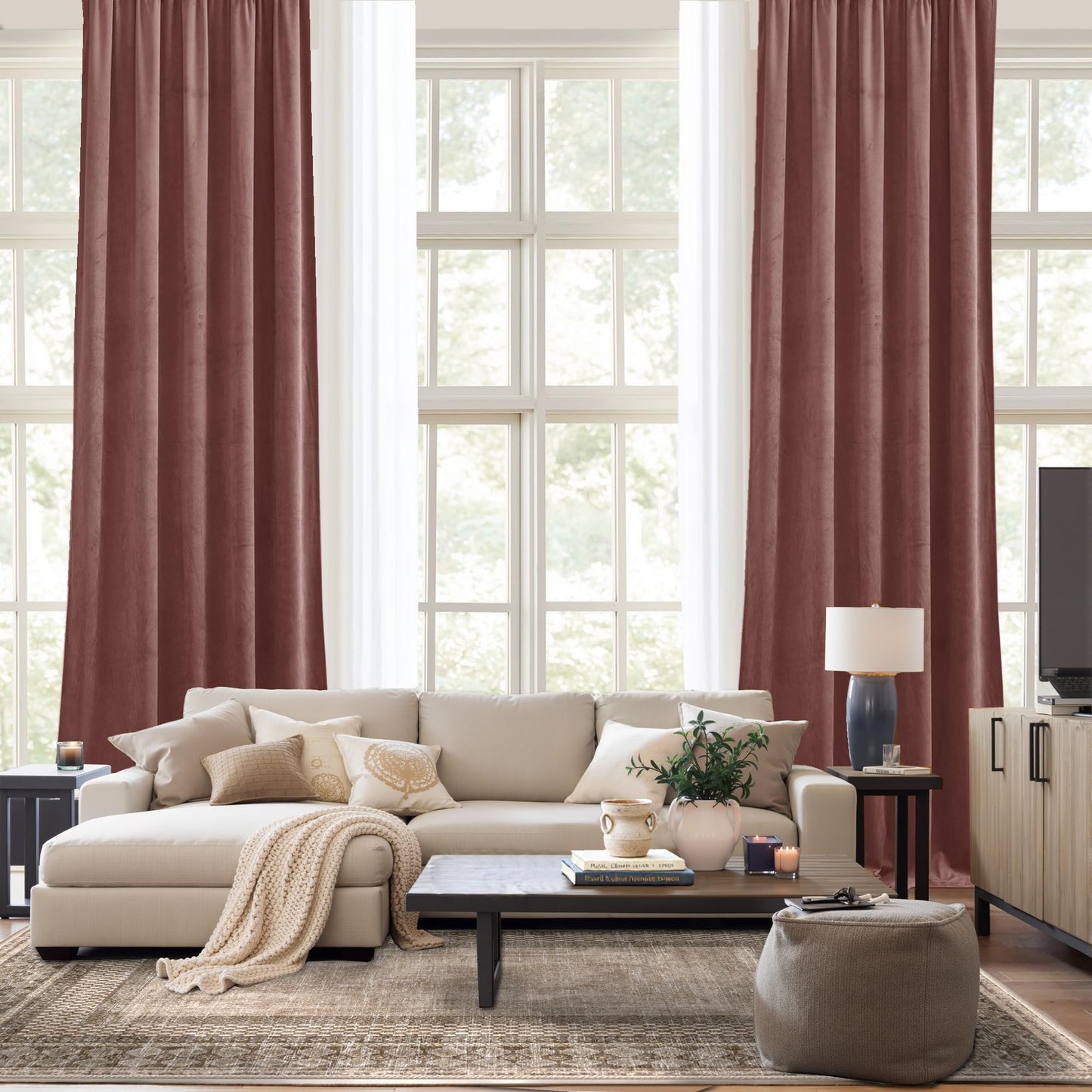 NICETOWN Wild Rose Velvet Curtains, Rod Pocket Velvet Drapes, Media Movie Theater Room Decor for Living Room, Super Soft Luxury Velvet Room Darkening Drapes for Home Decor (1 Pair, W52 x L96 inches)