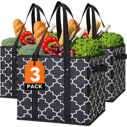 WISELIFE Reusable Grocery Bags 3-Pack Foldable Washable Large Storage Bins Basket Water Resistant Shopping Tote Bag Black