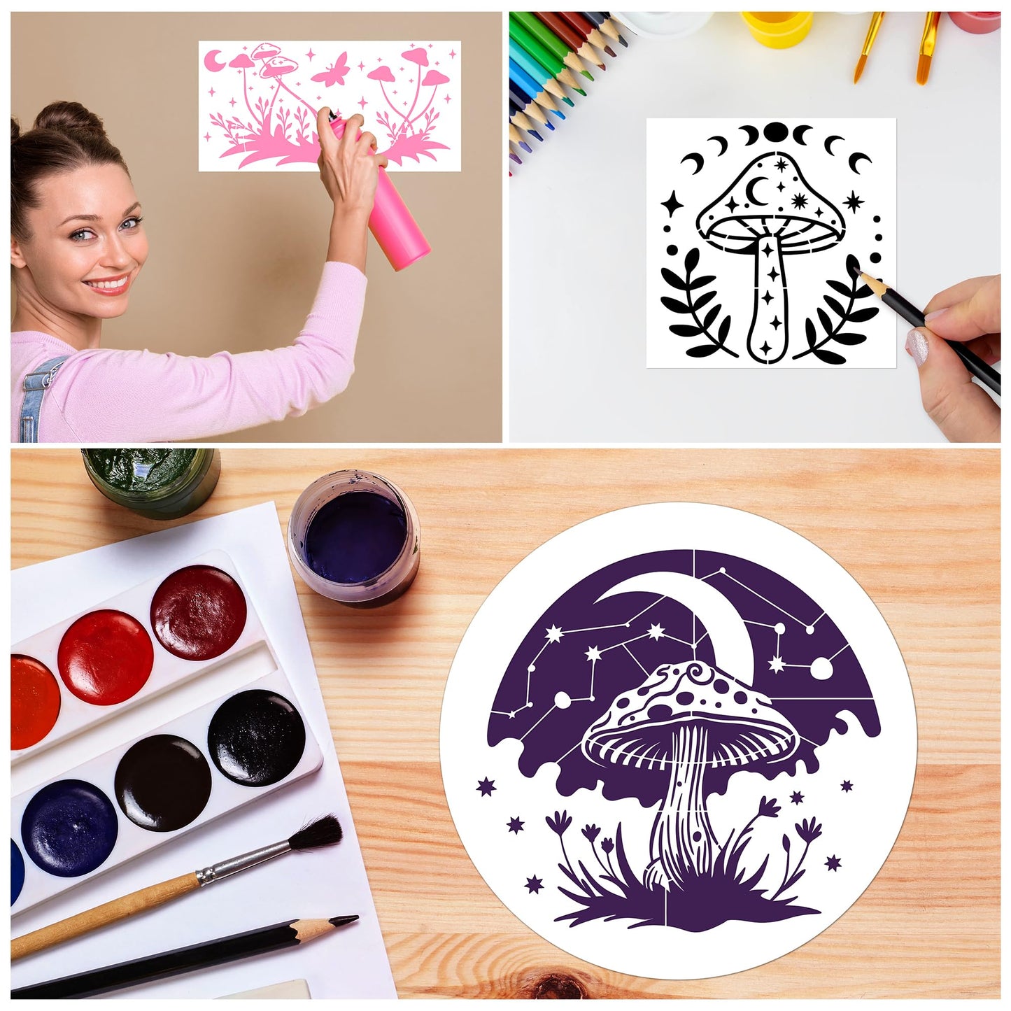 Keluna Mushroom Stencils for Painting, 18 Pcs Bohemian Art Craft, 12 Inch Large Reusable Crescent Moon Phase Drawing Template for Wood Wall Canvas Home Decor