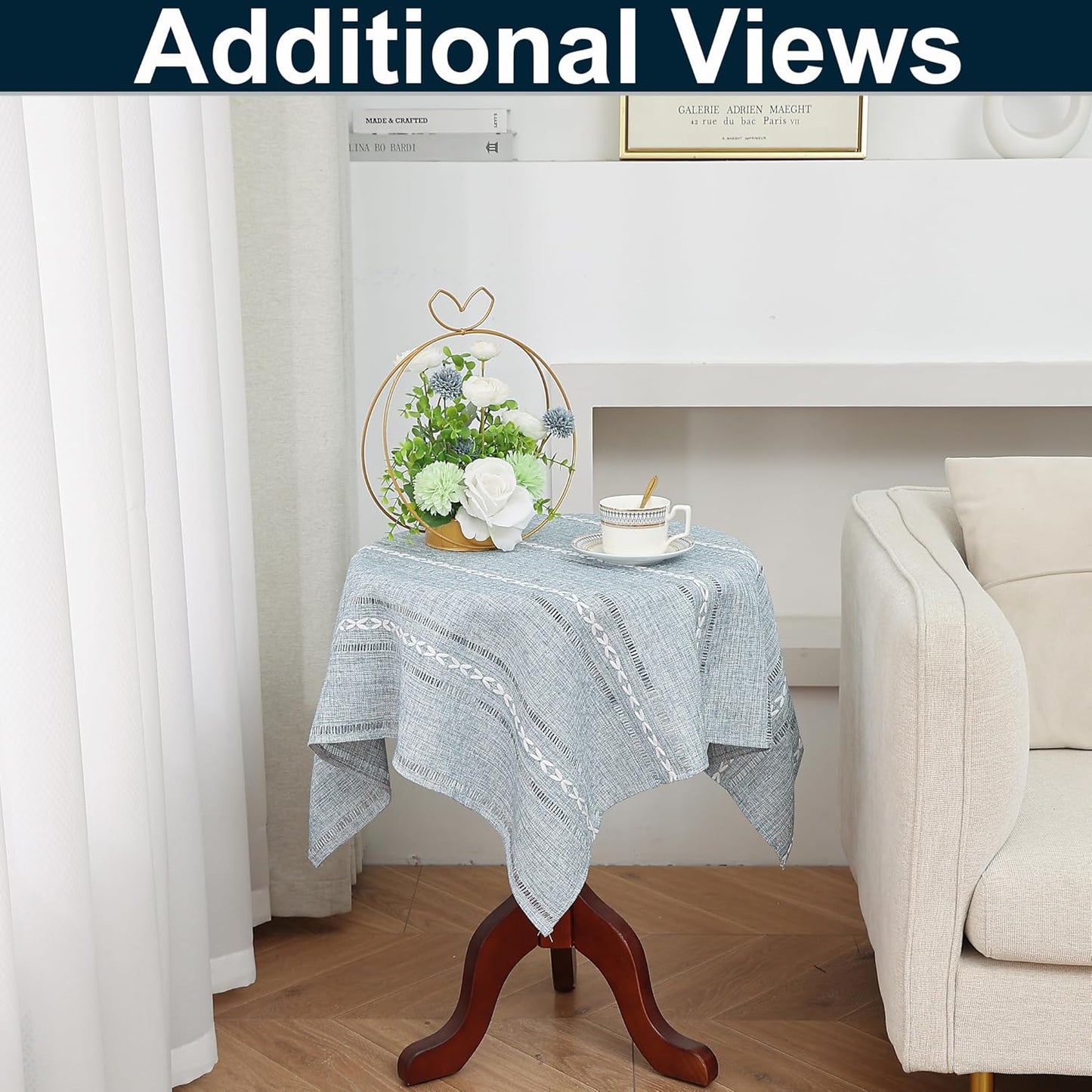 Gernaice 24x24 Inch, Boho Striped Small Square Tablecloth Premium Linen Blend with Cutwork Embroidery, Dustproof