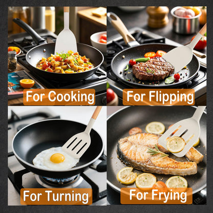 Set of 2 Silicone Spatula Turner for Nonstick Cookware, 600°F Heat Resistant Solid Slotted Kitchen Spatula Set with Wooden Handle, Cooking Utensils Set for Egg, Pancake, Fish, Burger