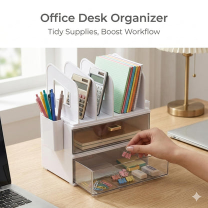 CiWiVOKi White Desk Organizer with 4 File Holder Slots, 2 Clear Drawers & Dual Pen Holders, Sturdy Multi-Functional Desktop Storage for Home Office, Mail Sorter & Caddy