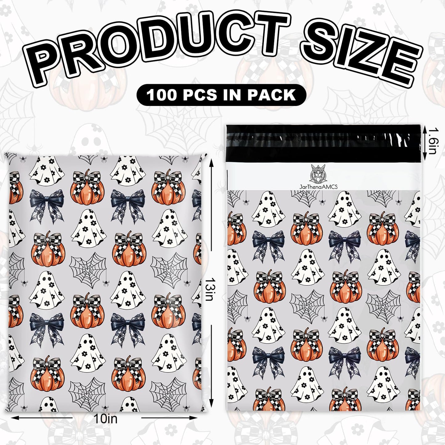 JarThenaAMCS 100Pcs Halloween Poly Mailers 10 x 13 Inch Ghost Pumpkin Bow Packaging Bags Self Seal Mailing Envelope Bags for Small Business Packing Moving