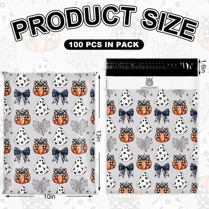 JarThenaAMCS 100Pcs Halloween Poly Mailers 10 x 13 Inch Ghost Pumpkin Bow Packaging Bags Self Seal Mailing Envelope Bags for Small Business Packing Moving