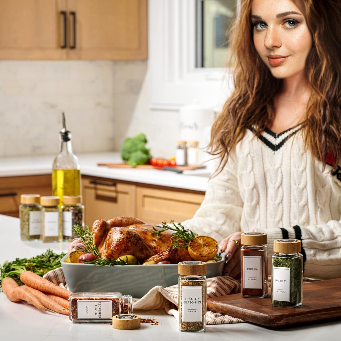 24-Piece Set Spice Jars by Le'raze: Glass Jars with Bamboo Lids, Labels & Funnel, Airtight Kitchen Storage