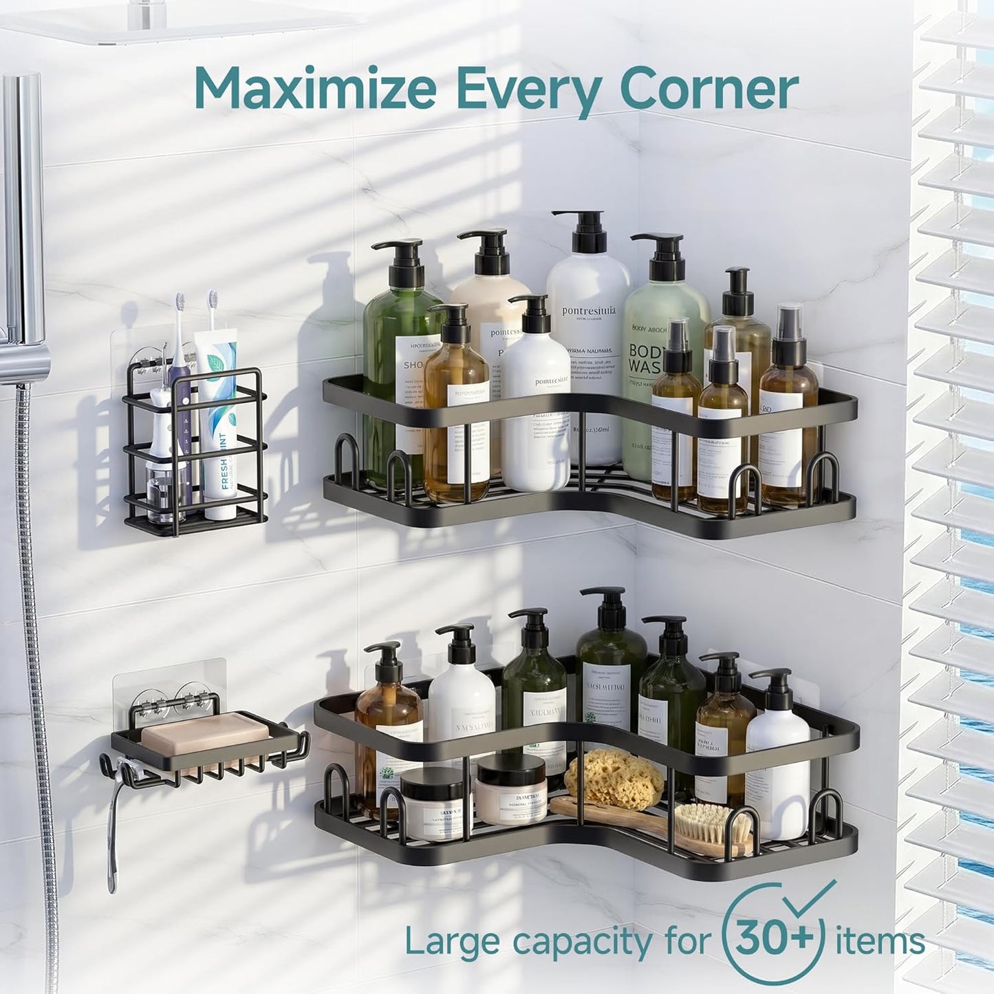4-Pack, Veken Corner Shower Caddy Advanced Rustproof Design, No Drilling Adhesive Shelves, Rack with Soap Holder, Large