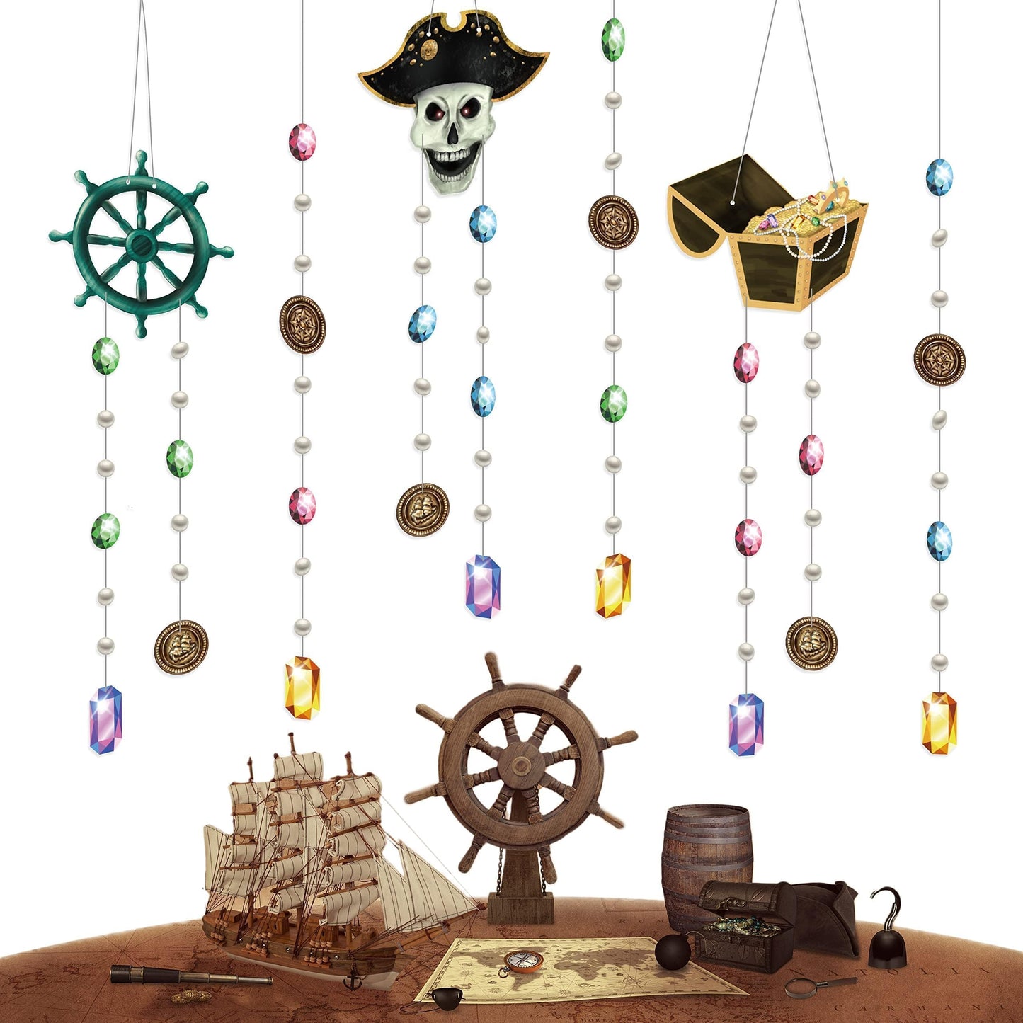 Cheerland Pirate Party Decorations Pirate Decor Hanging Treasure Chest Garland for Trunk or Treat Summerween Celebration Hunt Banner Birthday Hanging Backdrop Streamer Decor Halloween Party Pack of 6