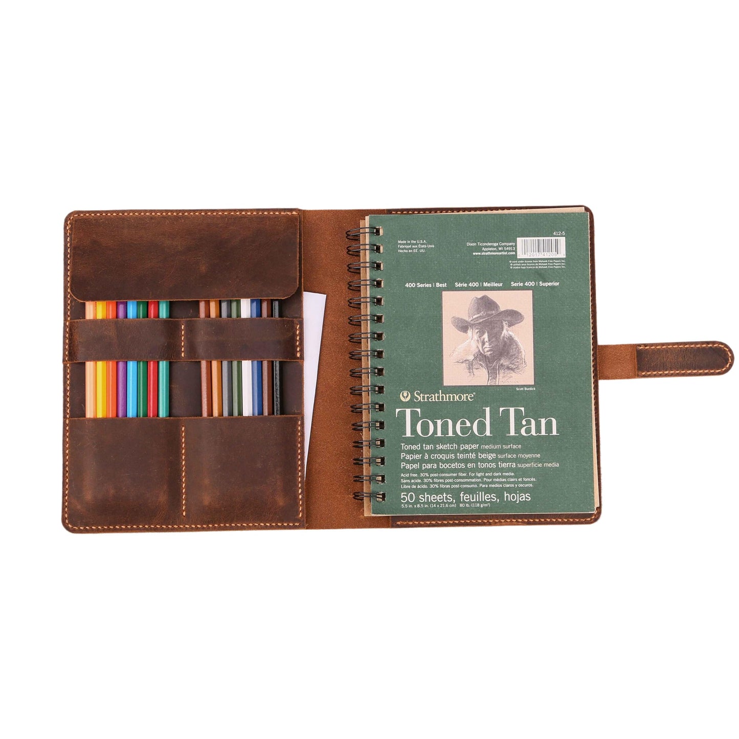 Leather Sketchbook Cover for 5.5" x 8.5" Sketchbook, Refillable A5 Full Grain Leather Artist Sketch Pad Cover with Pencil Holder and Storage Pocket, Handmade Travel Drawing Portfolio, Brown