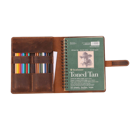 Leather Sketchbook Cover for 5.5" x 8.5" Sketchbook, Refillable A5 Full Grain Leather Artist Sketch Pad Cover with Pencil Holder and Storage Pocket, Handmade Travel Drawing Portfolio, Brown