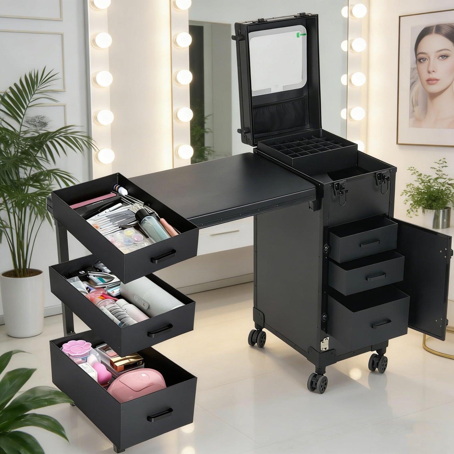ZhenGuiRu Portable Manicure Table with 3 Drawers, Rolling Foldable Nail Desk with Detachable Mirror, Professional Makeup Train Case with Wheels and TSA Lock for Nail Techs & Salon Use
