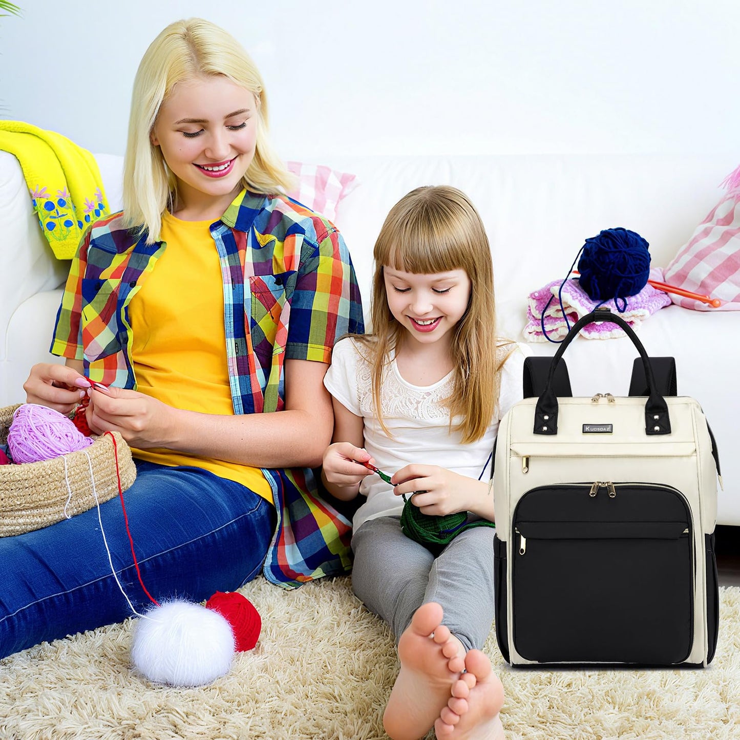 Kuosdaz Crochet Bag Backpack, Large Yarn Storage Crochet Organizer, Gifts Travel Crochet Backpack for Women, Knitting & Crochet Accessories for Crochet Hooks, Black & White