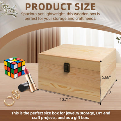 VIKOS Products 10.71x8x5.66-Inch Unfinished Wooden Box with Hinged Lid & Front Clasp for DIY Art Project Crafts Woodcraft Keepsake - Easy to Stain Paint Wood Burning
