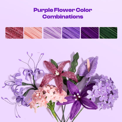 Caydo 700PCS Pipe Cleaner Flower Kit, Purple Craft Chenille Stems Bulk with Floral Wires, Ribbons, Tapes, Stamens, Glue Sticks for Making Pipe Cleaner Bouquets