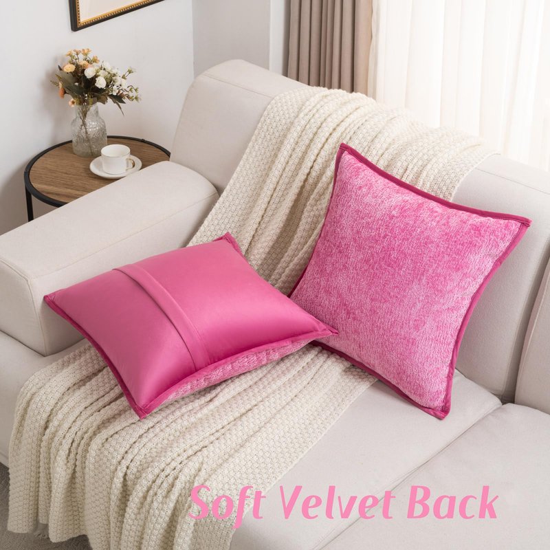 FUTEI Hot Pink Chenille Throw Pillow Covers 18x18 Inch Set of 2,Soft Cozy Bound Edge Design Cushion Case,Home Decor for Couch Bed Living Room