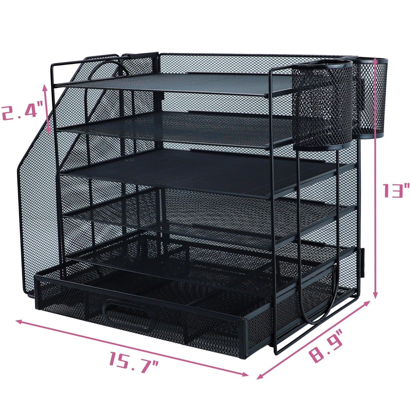 ideallife Desk Organizers and Accessories with File Holder, 6-Tier Paper Letter Tray Organiser with Drawer and 2 Pen Holder, Mesh Desktop Document Organizer for Office Supplies, Workspace - Black