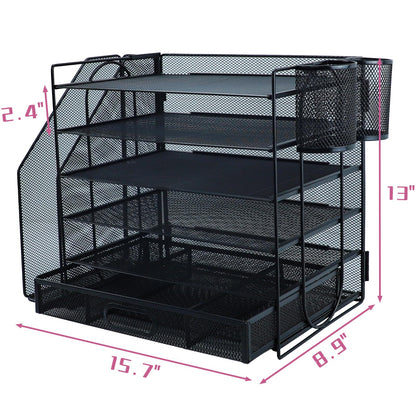 ideallife Desk Organizers and Accessories with File Holder, 6-Tier Paper Letter Tray Organiser with Drawer and 2 Pen Holder, Mesh Desktop Document Organizer for Office Supplies, Workspace - Black