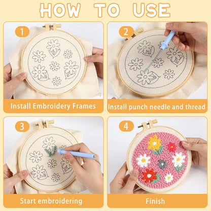 ojustbeok 3 Set Punch Needle Embroidery Starter Kits Includes Punch Needle Fabric with Daisy Pattern, Yarns, Embroidery Hoops, Sewing Needles, Instruction for Adults Beginner DIY Handmade Crafts Gifts