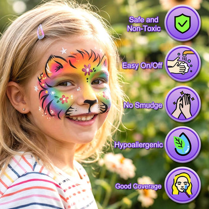 Fenmay Face Painting Kit for Kids - 42 Colors, Non-Toxic and Hypoallergenic, Stencils, Book, Brush, Sponge, and Professional Face Paint Makeup Palette- Safe and Easy to Use