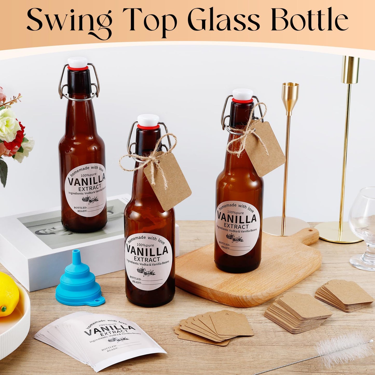 Dyrfolm 8 Pack 11 Oz Swing Top Glass Bottles Set - Glass Bottles for Vanilla Extract with Caps, Labels, Twine, Funnel & Brush, Reusable Flip Top Bottles for Home Brewing, Oil, Beer, Tea & DIY Crafts