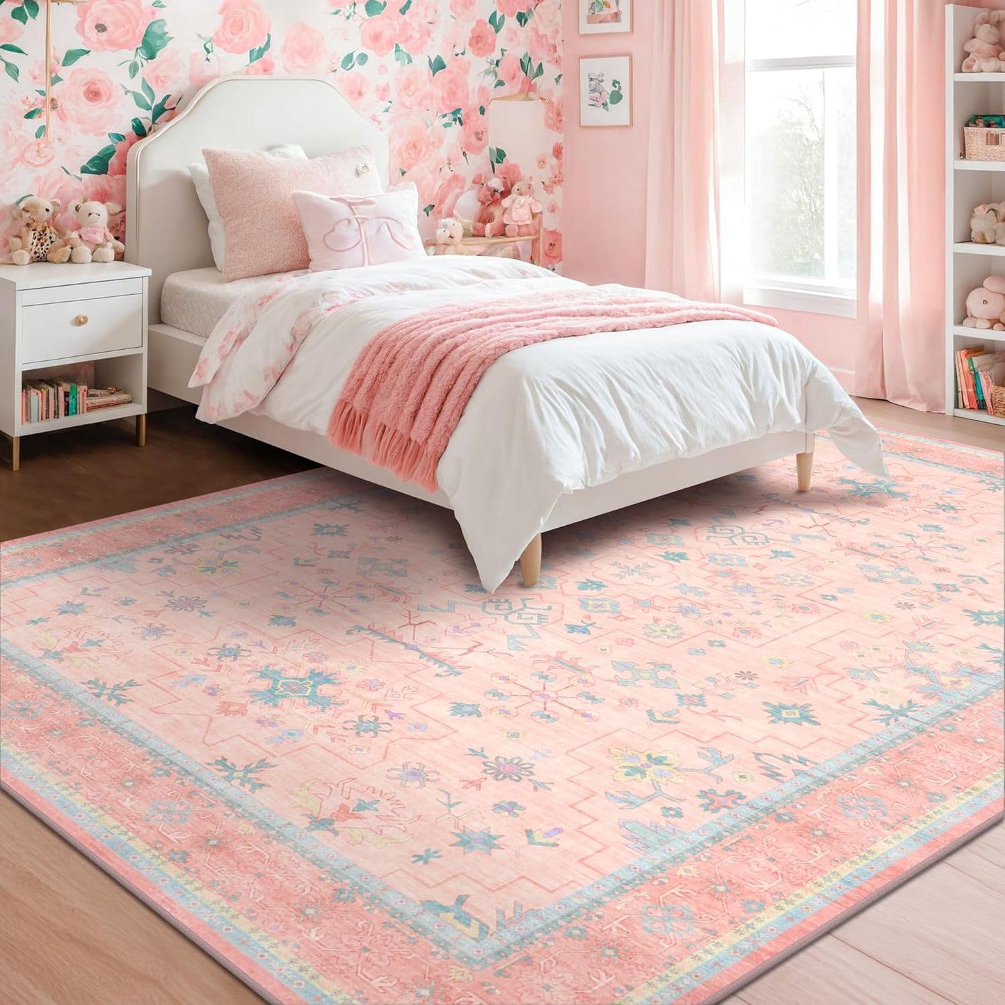 Oushak Floral Vintage Pink Area Rug - 5x7 Washable Low Pile Carpet for Kids' Playroom & Nursery