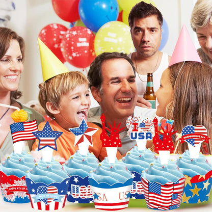 24 PCS 4th of July Cupcake Toppers, USA Patriotic Cupcake Liners for Cake Decoration Supplies
