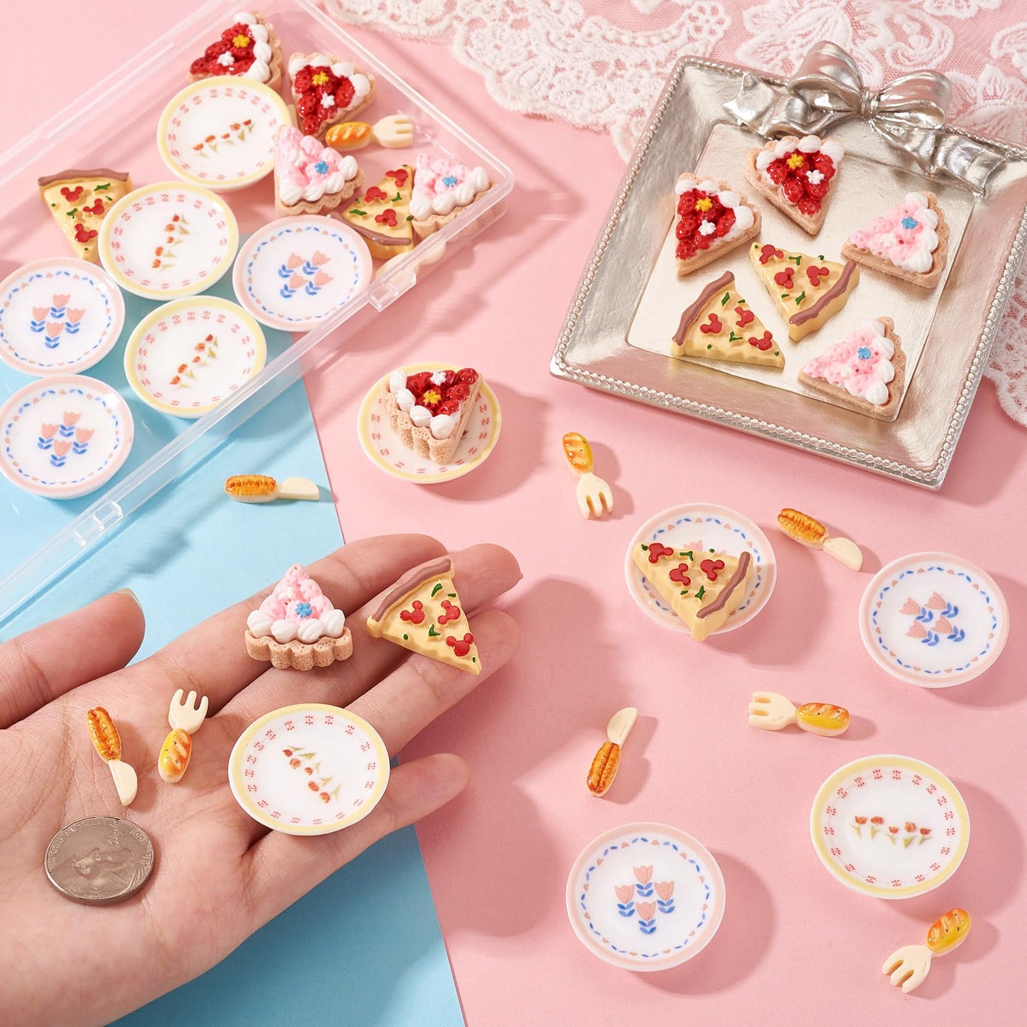 FASHEWELRY 42Pcs Cake Tableware Dollhouse Miniature Accessories Kitchen Tableware Display Ornament Resin Imitation Food Dessert Plate Fork Knife Cabochons for Garden Home Party Landscape Decoration