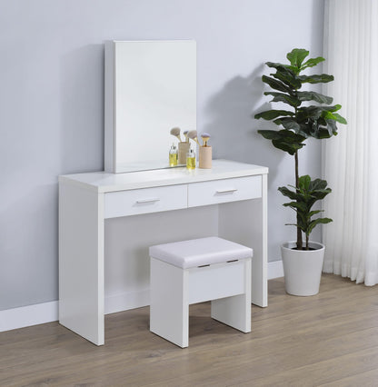 Coaster Home Furnishings - Bunbury - Wood - Makeup Vanity Table Set with Rectangular Storage Mirror, Dual Drawers, and Upholstery Stool - Bedroom - White - 930280