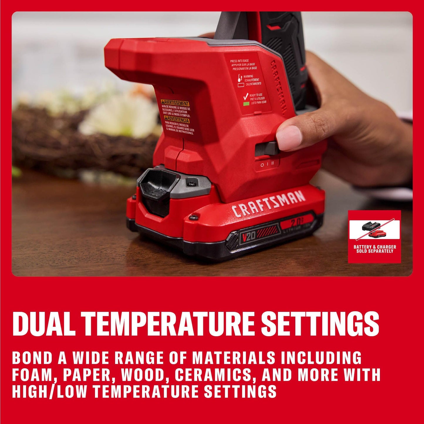CRAFTSMAN V20 Mini Cordless Hot Glue Gun and Sticks Set with LED Light, Fast Heat Up, Dual Temperature Setting, Compact, Battery Sold Separately (CMGL100B)