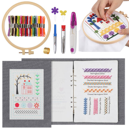 Tofficu Upgraded Embroidery Stitch Book Kit - Beginner Cross Stitch Kit with 6-Ring Binder, 180 Patterns, 24-Color Threads & Tools, All-in-One Embroidery Starter Practice Book for Adults DIY Craft