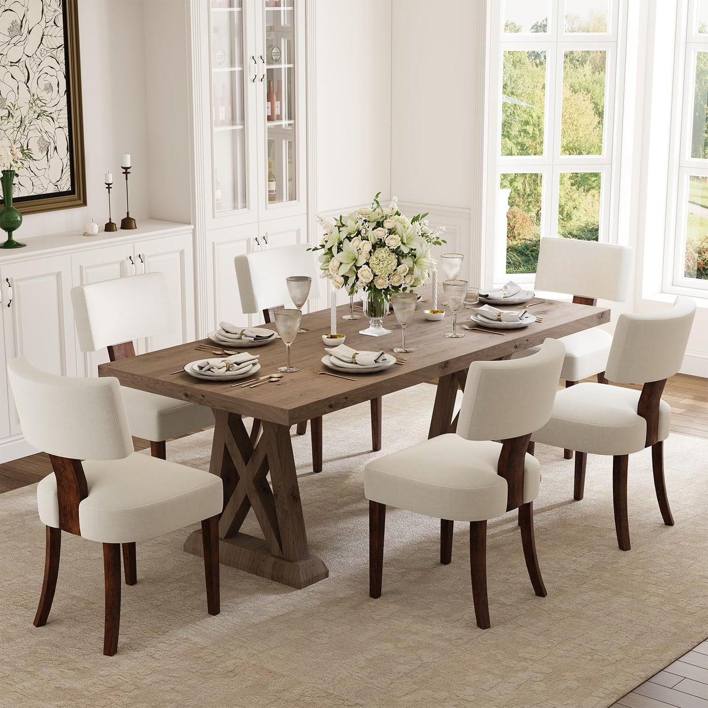 Garvee Dining Chairs Set of 4, Mid Century Modern Upholstered Chairs with Rattan Wood Back, Armless Kitchen Chairs with Brown Wood Legs for Dining Room Living Room, Beige