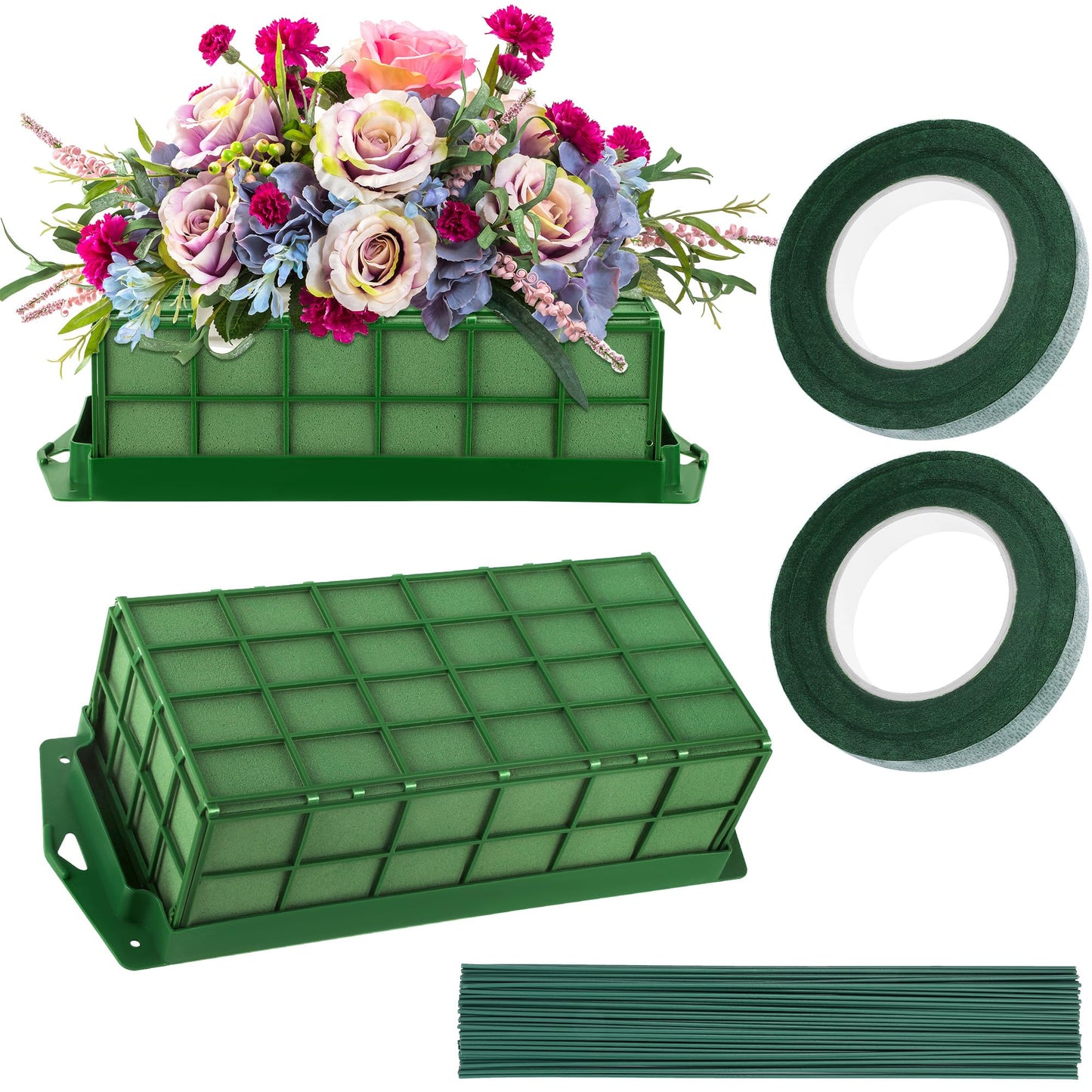 Aodaer 2 Pieces Floral Foam Cage with Floral Foam for Fresh and Artificial Flowers Rectangle Dry and Wet Flower Cage Bowl Holder for Wedding, Home and Garden Arrangement Decorations