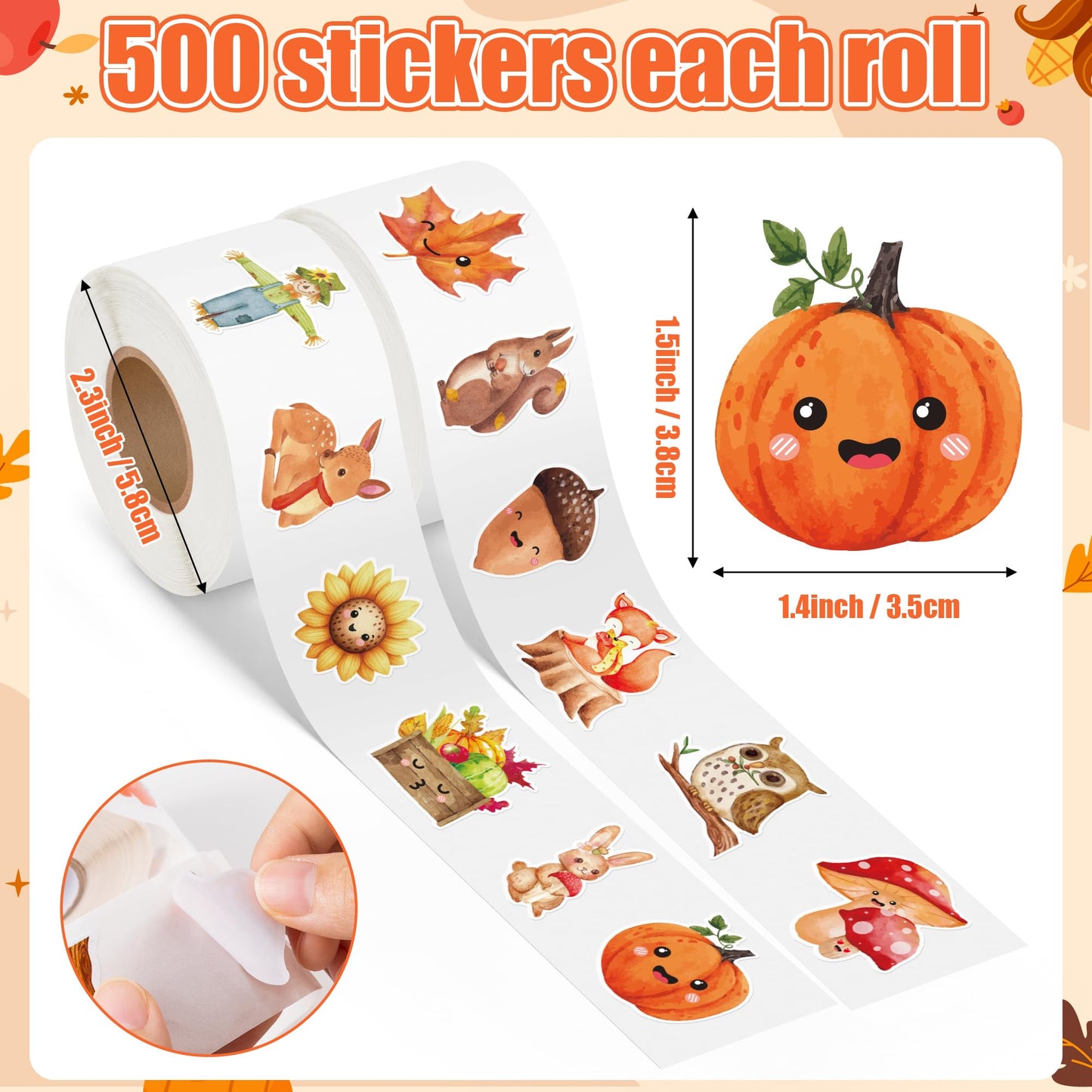 Haooryx Fall Watercolor Sticker Rolls - 1000pcs Fall-Theme Watercolor Pumpkin Maple Leaf Animal Stickers Self-Adhesive Waterproof Vinyl Thanksgiving Harvest Party Favor Page Activity Pad Card Making