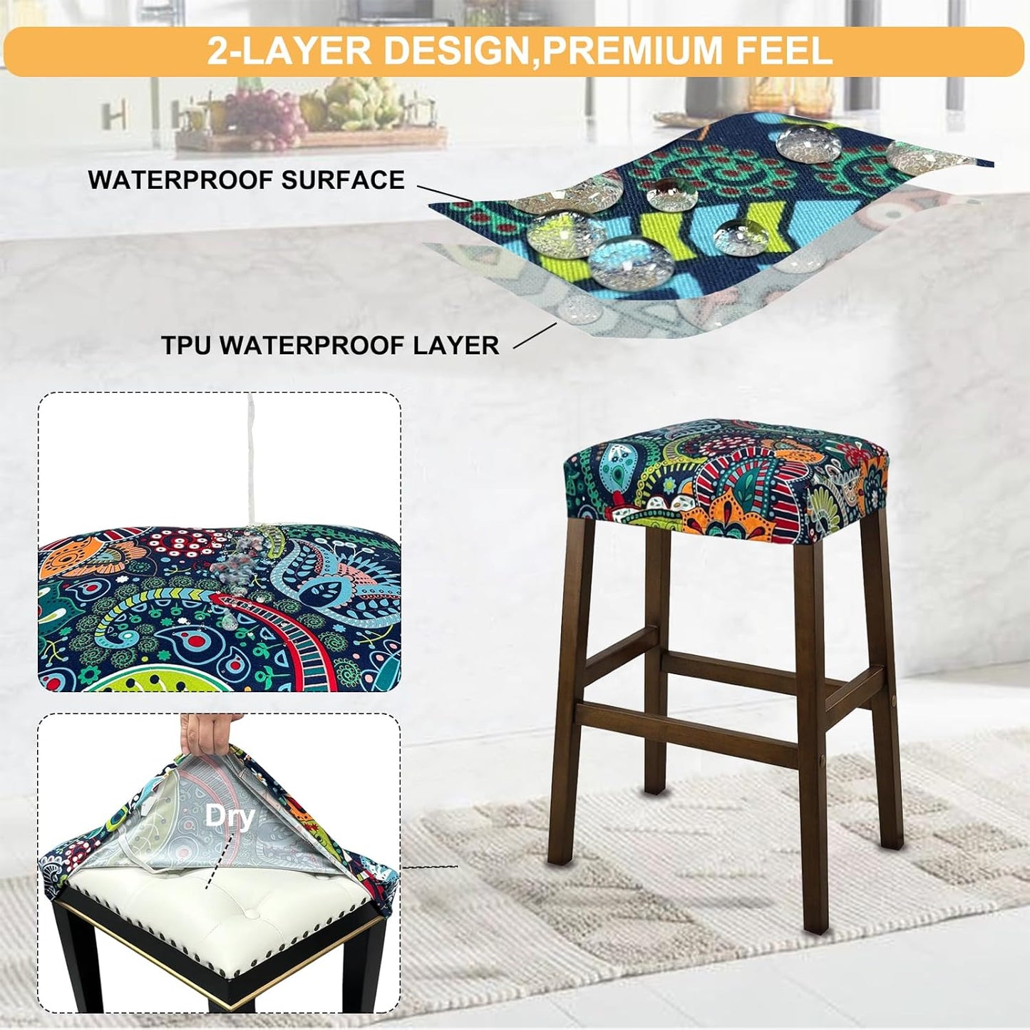 Counter C,4 Pack NeColorLife Stool Covers Rectangle Printed,Stretch Waterproof Saddle Seat Covers for Height
