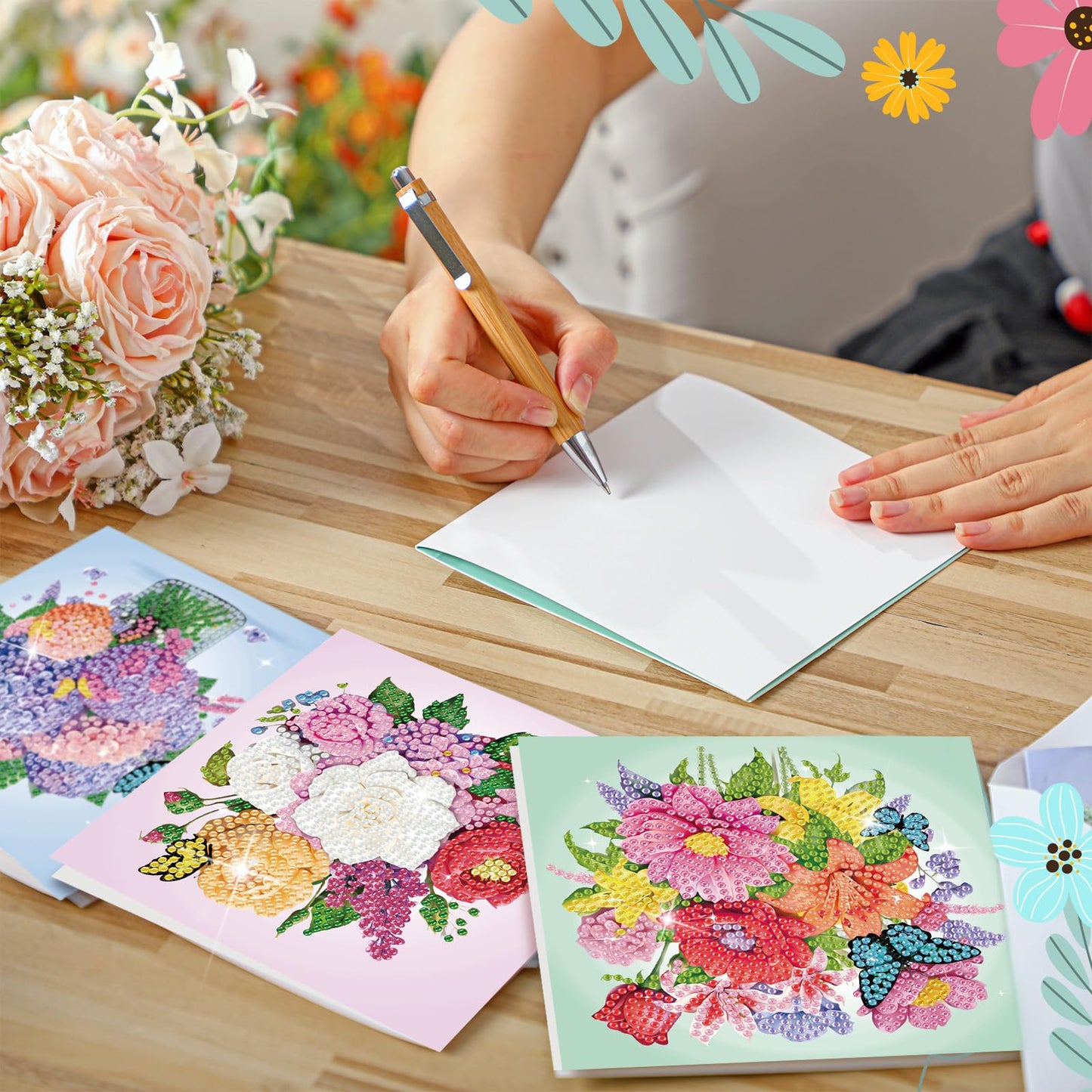 Saillong 12 Pack Flower Diamond Painting Greeting Card Kits DIY Pastel Floral Diamond Art Cards with Envelopes Flower 5D Rhinestones Paint Card for Adults DIY Craft Family Friend Birthday Gifts