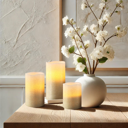 FURORA LIGHTING Gold Glitter Flameless Pillar Candles - Real Wax, 5/19 Auto Timer, Set of 3 (3x4, 3x5, 3x6), Batteries Included, Home Decor