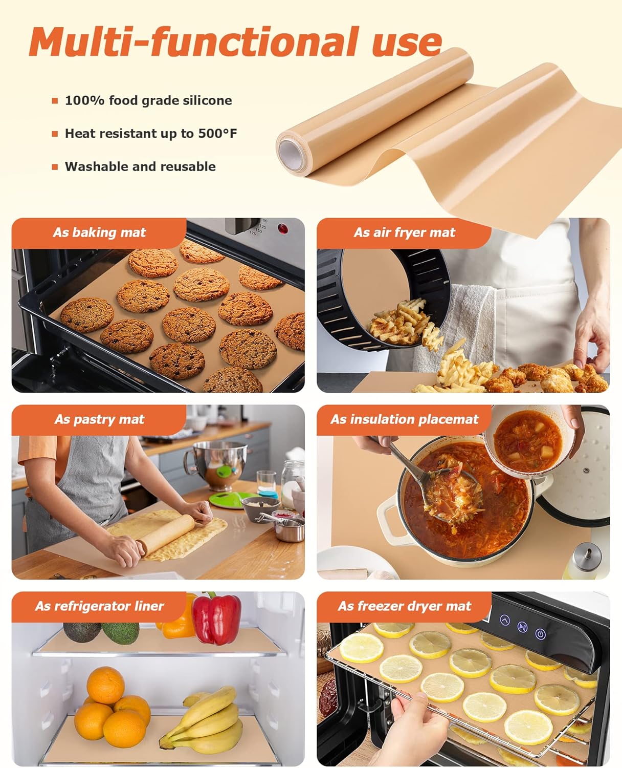 Silicone Baking Mat Roll, Best German Silicone Non-Slip Pastry Mat, Reusable Oven Liner, 12IN x 8FT