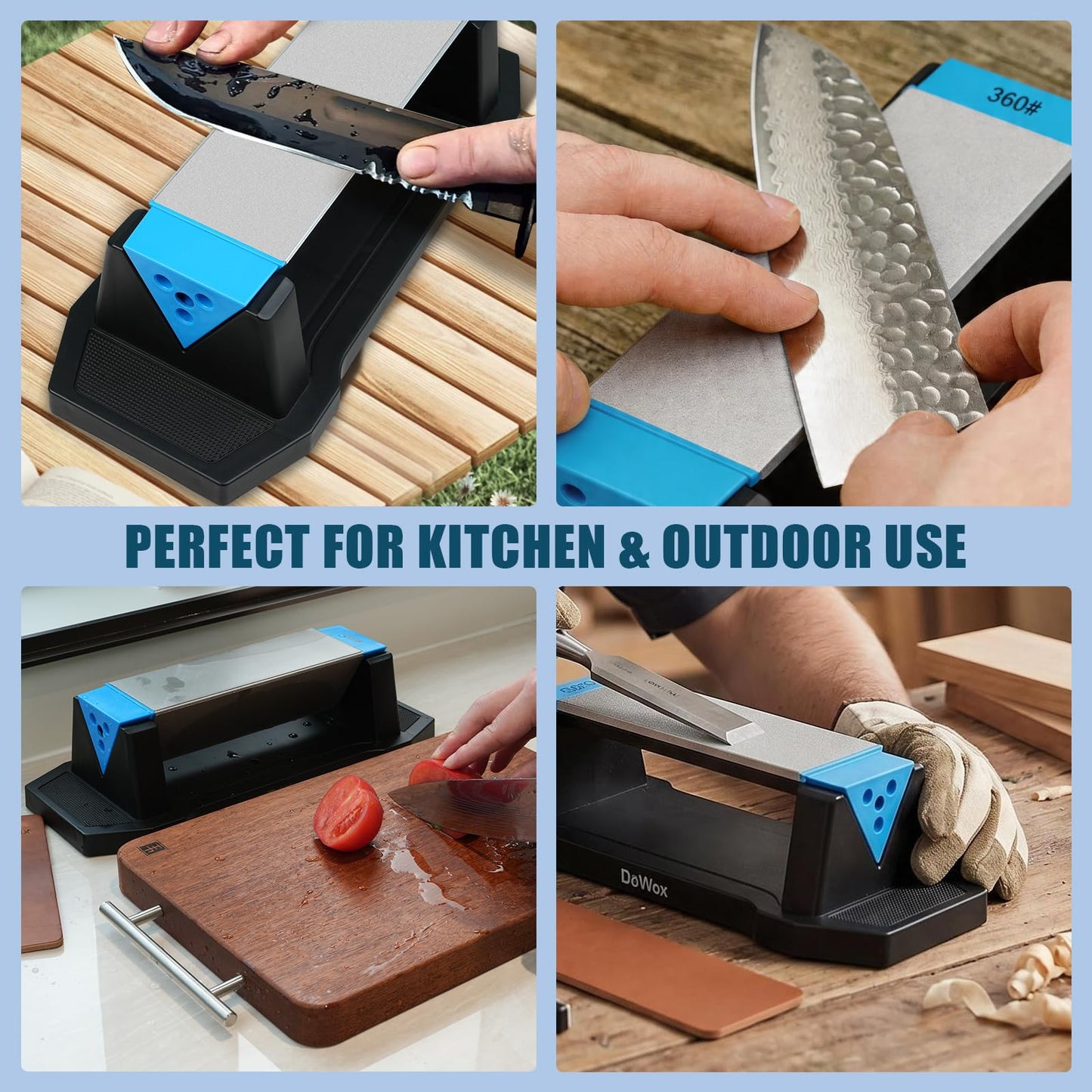 Diamond Knife Sharpener, Larger Sharpening Stone, 360/600/1000 Grit Whetstone Knife Sharpener Kit with Honing Guide, Angle Guide, Leather Strop for Kitchen Knives, Chisels, Tools, Outdoor Gear