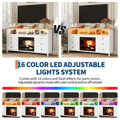 JoanKaren TV Stand with Electric Fireplace, 60" Entertainment Center for 65 Inch TV, LED Light Smart RGB, Modern Farmhouse Console, 6 Drawers Storage，Fit Into 23''Electric Fireplaces(White)
