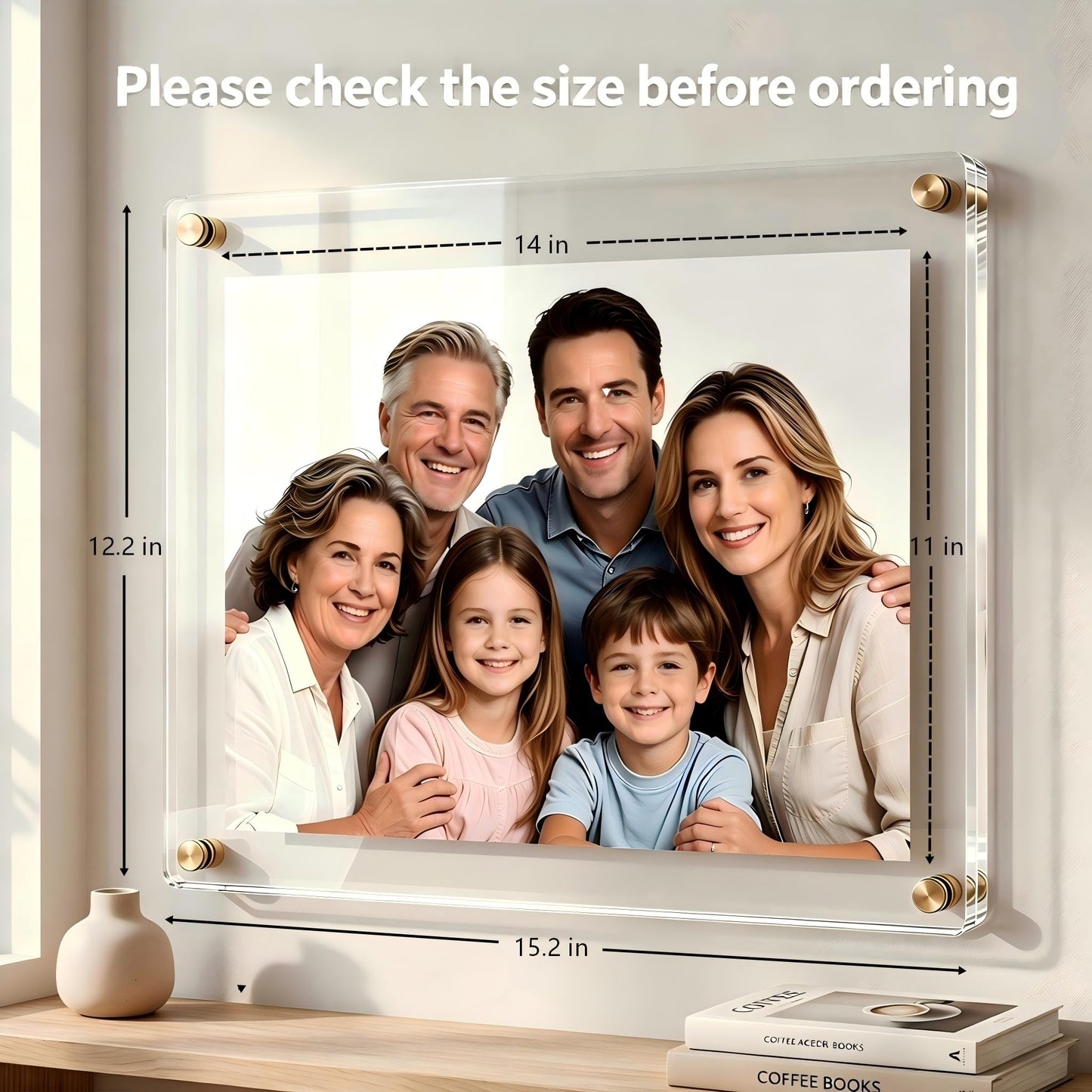 Kalami 11x14 Acrylic Wall Mount Picture Frame Self Adhesive, No Drill Holes Floating Frameless Clear Photo Frame for Diploma Certificate Degree Document Display Gallery Wall-Full Frame is 12x15