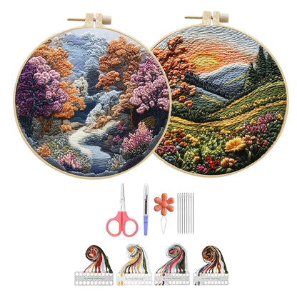 Hzkokon 2 Pack Embroidery Kit for Beginners Adults Cross Stitch Kits Hand Embroidery Kit Includes Stamped Flower Pattern, Hoop, Color Threads,Tools & Follow Instruction