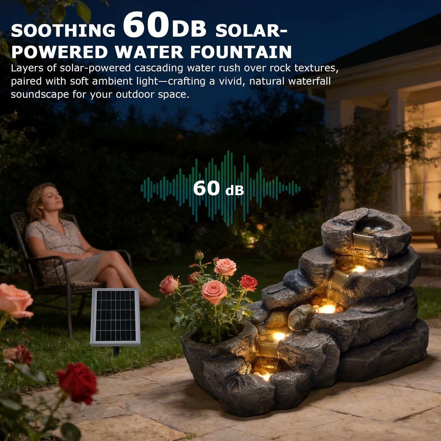 Pivotify 38.2" L Solar Water Fountain Outdoor,5-Tier Rock Waterfall Fountains Solar Powered Floor Standing Outdoor Water Feature with LED Lights for Patio, Garden,Porch, Yard, Home Art Decor（Brown）