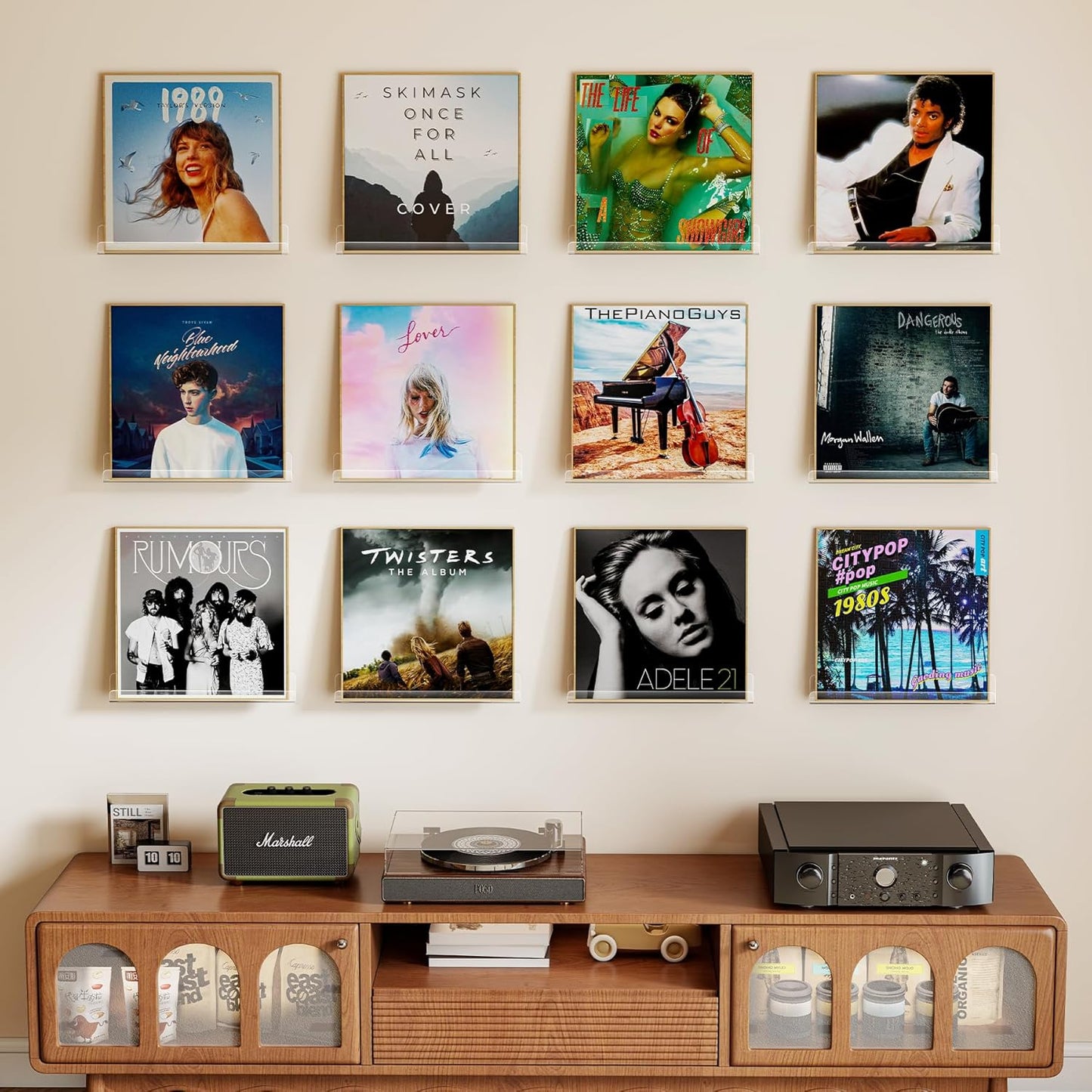 12 Pack 12-Inch Album Laurensory Vinyl Record Shelf Wall Mount, Clear Acrylic Storage Holder, Floating Display Shelves