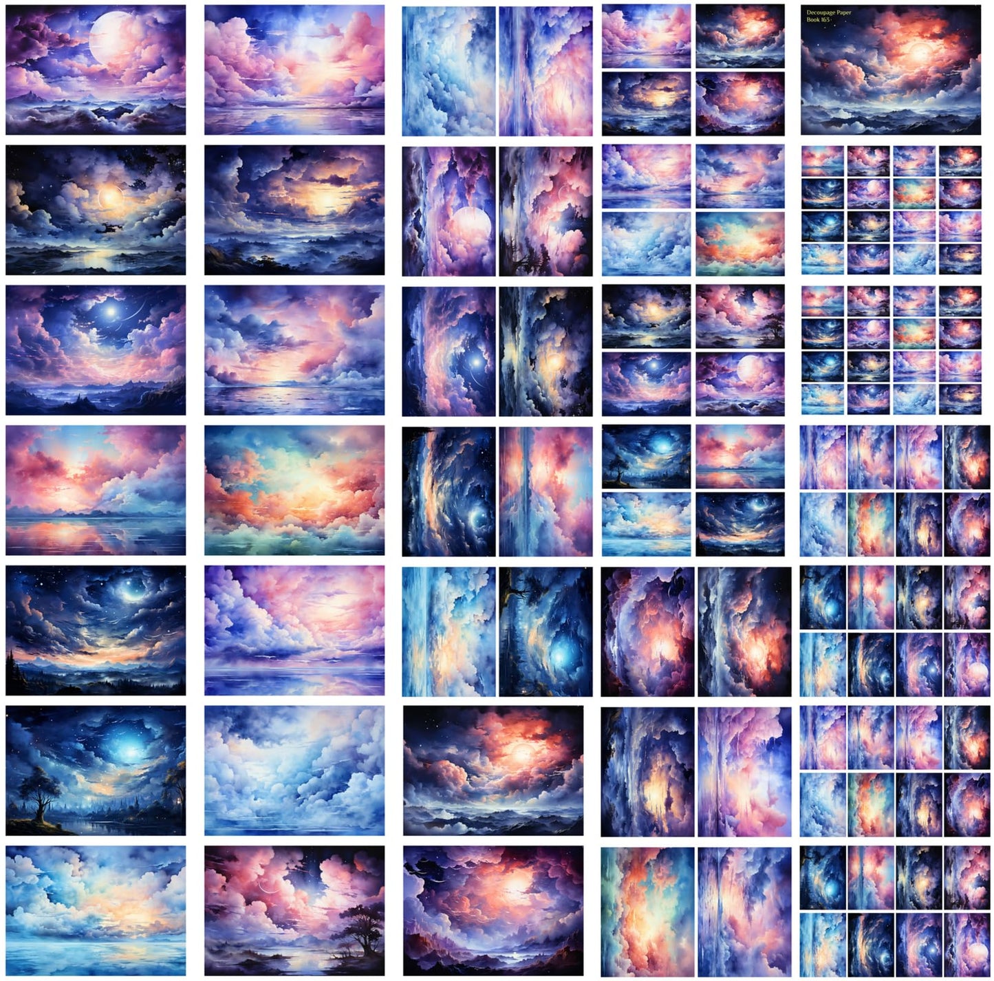 Decoupage Paper Pack (35 Sheets 6"x8") Stunning Sunsets and Night Skies Over Mountains and Oceans FLONZ Vintage Illustration Pictures Cards for Decoupage, Craft and Scrapbooking