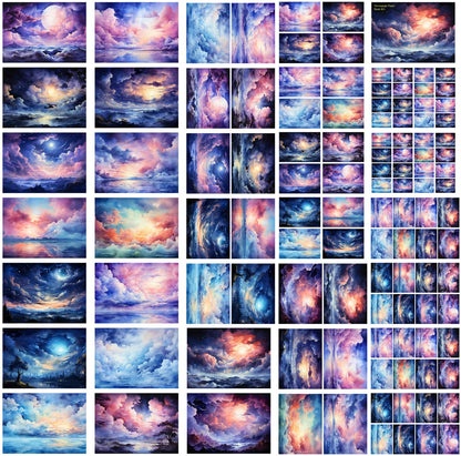 Decoupage Paper Pack (35 Sheets 6"x8") Stunning Sunsets and Night Skies Over Mountains and Oceans FLONZ Vintage Illustration Pictures Cards for Decoupage, Craft and Scrapbooking